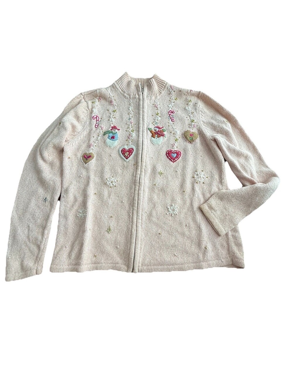 Erika Small Pink Vtg Embroidered Snowman Holiday Zip Up Cardigan Sweater